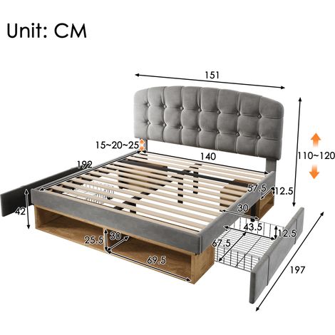 Lit double 140x190, lit capitonné en velours gris avec sommier à lattes, cadre de lit avec tête de lit incurvée réglable en hauteur, lit avec tiroirs et espace de rangement, lit capitonné pour chambre (1/4)