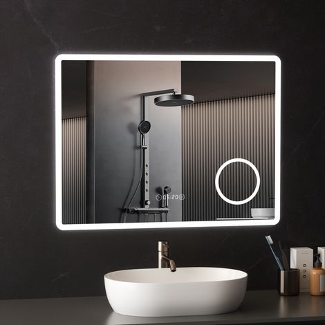 Miroir LED Intelligent avec Heure et Température AquaWise Loupe Grossissante 3X Intégrée - Anti-buée - 120 LEDs/m - Miroir Lumineux Dimmable 8060cm