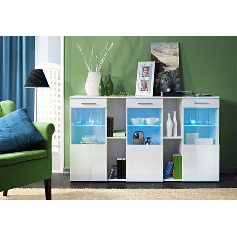 Buffet Dorade avec vitrine et éclairage LED - Bois MDF blanc brillant - 160 x 92 x 40 cm - Livraison gratuite
