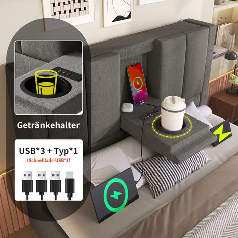 Lit une place 90x200 cm avec porte-gobelet caché et station de charge, sommier hydraulique avec rangement intégré, sommier à lattes inclus, lin gris (sans matelas) (1/5)