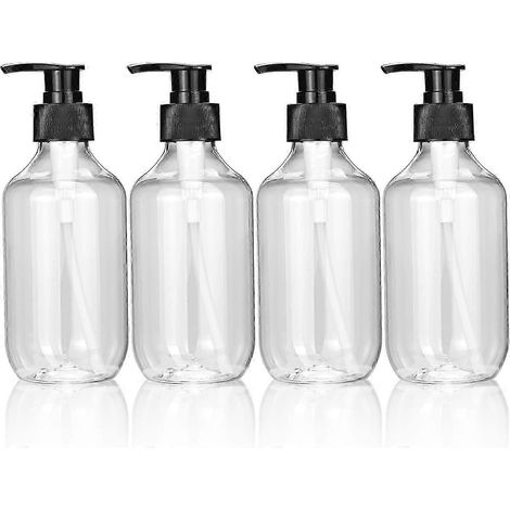 Lot de 4 flacons à pompe vides de 300 ml rechargeables pour sauces culinaires distributeur de savon liquide en plastique transparent. (1/5)