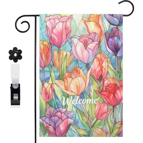 Bannière de cour ambiance féerique et tulipes colorées 30 x 45 cm décoration maison de campagne (1/5)