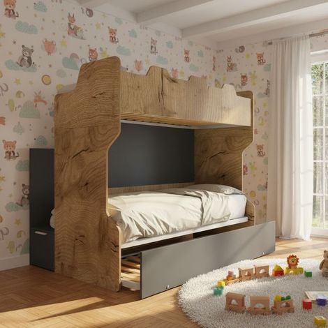 Letto a castello con scala contenitore e terzo letto estraibile - Cameretta salvaspazio - Quercia e basalto
