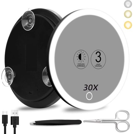 Miroir grossissant 30x avec lumière LED – Zone de visualisation 15 cm – 3 réglages de lumière – Fixation par ventouses – Miroir de voyage noir (1/5)