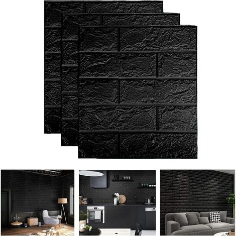 Lot de 10 autocollants muraux 3D - Amovibles - Brique 3D - Papier peint mural - Pour salon, chambre à coucher, chambre d'enfant (35 x 38,5 cm, noir) (1/5)