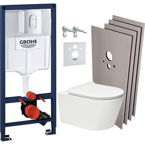 Grohe Pack WC Bâti Rapid SL + WC sans bride SAT Brevis + Abattant SoftClose + Plaque chrome + Set d'habillage (ARENABREVISSB)