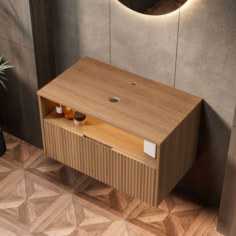 Hängender Badunterschrank 80 cm mit Schublade, Sperrholz, Eiche Braun, OKWISH (1/5)