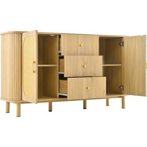 Aparador mueble TV de MDF natural 140 x 40 x 80 cm con puertas de ratán y 3 cajones (1/5)