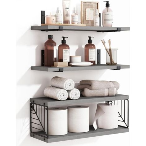 3-Tier and 1-Tier Floating Bathroom Shelves, 40cm Rustic Wooden Shelves, Wall Decor for Bathroom, Living Room, Bedroom and Kitchen (Grey) (1/5)