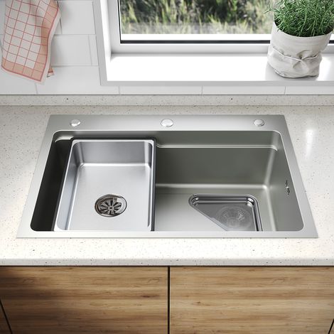 SONNI 304 SUS Edelstahl Küchenspüle mit 1 Becken, Einbecken Unterbauspüle mit Abtropfkorb Dreieckiges Abfallsieb 3 Loch Breitkante, Silber, 70×48cm
