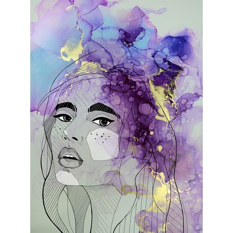 Papier peint panoramique aquarelle femme Tapisserie panoramique originale pour salon Papiers peints panoramique violet moderne pour chambre (1/2)