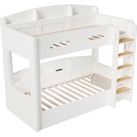 Etagenbett 90x200 cm mit USB-Anschluss und seitlichen Regalen aus Holz und MDF weiß MODENUIT (1/5)
