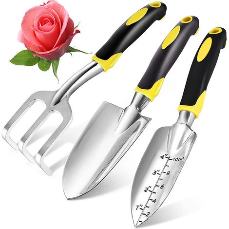Kit de 3 Outils de Jardinage en Aluminium Griffe , Pelle Large et Pelle à Bord Gradué Plantation , Désherbage Manche Ergonomique Antidérapant Jaune Vif (1/5)