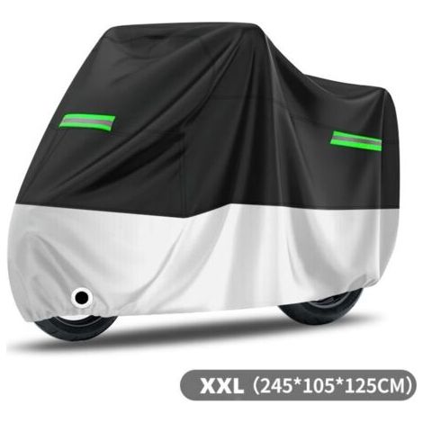 Housse de Protection Imperméable pour Moto Couverture Oxford Résistant aux Poussière Pluie Neige UV Vent Soleil Déjections d'oiseaux, 245x105x125cm Noir+Argent,Bandes réfléchissantes vertes (1/4)