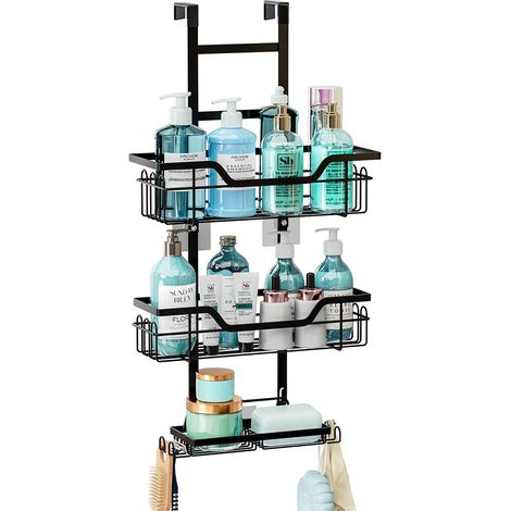Etagere Douche à Suspendre aver 3 PCS Réglable Panier Noir (1/5)