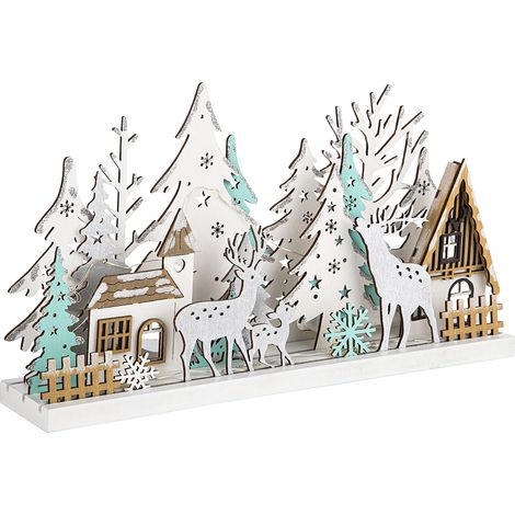 Holz Winterlandschaft 30 cm beleuchtet - 15 LED warmweiß - Weihnachts Fenster Deko Aufsteller Winter Haus Silhouette