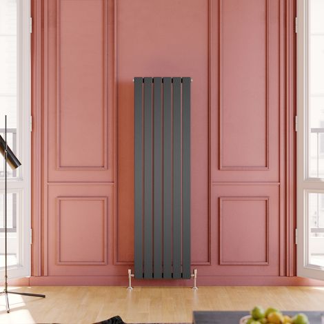 ELEGANT 1600 x 452 mm Anthracite Vertical Column Rads Single Flat Panel Designer Radiator High Heat Output + Anthracite Thermostatic Radiator Valves (1/5)