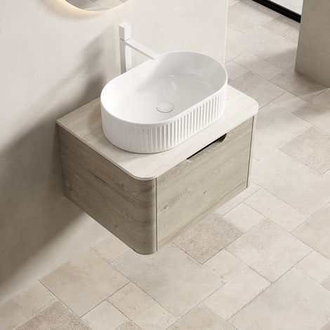 Mueble baño ovalado con cajón y travertino cerámico OKMYHOME (1/5)