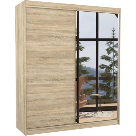 Armoire de chambre à coucher 2 portes coulissantes 1 bois clair et 1 miroir Masso 180cm (1/4)