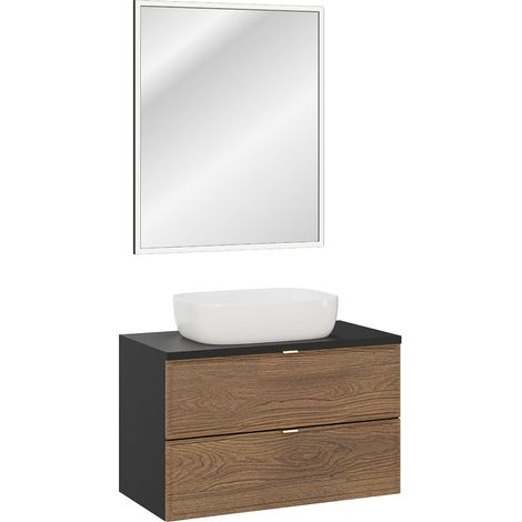 Waschplatz-Set 2-teilig mit 80 cm Waschtisch und LED-Spiegel in Eiche und schwarz - TARSIA-56 (1/5)