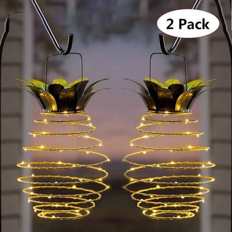 Juego de 2 faroles solares colgantes para exteriores: lámpara solar impermeable con forma de piña y 60 LED para jardín, porche, césped, terraza (1/5)