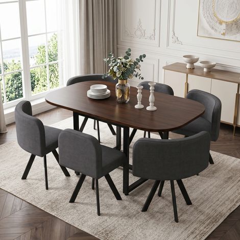 Set table à manger 140x90x73 cm + 6 chaises en lin, plateau en noyer, pour cuisine et salle à manger, pour 6 personnes, gris+Noyer