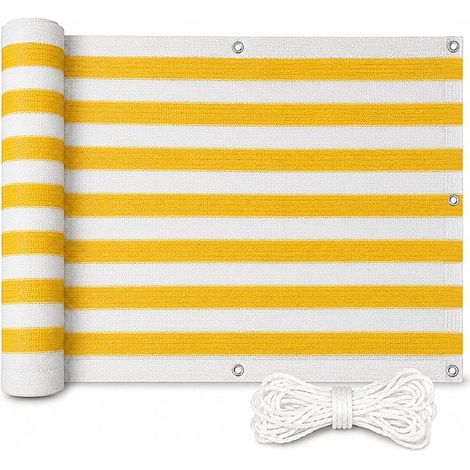 Estexo – Brise vue balcon en PEHD 6 m – Résistant aux UV – Couleur jaune-blanc rayé – Dimensions 75x600 cm – Fixation facile avec œillets (1/5)