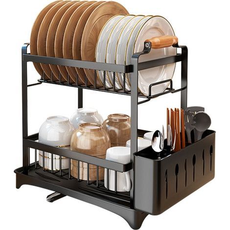 Scolapiatti nero a doppio strato con porta bacchette, 36 x 24,5 x 37,5 cm, scaffale multifunzionale, 1 pezzo (1/5)