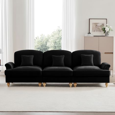 Canapé 3 places élégant en tissu chenille, jupe amovible, accoudoirs arrondis – Confort haut de gamme, style classique & moderne – Noir (1/5)