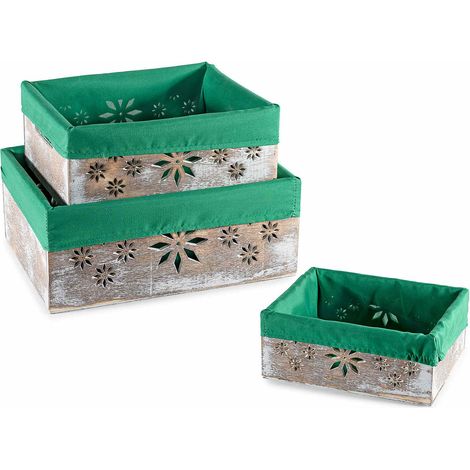 Cestini in legno con intagli fiocchi di neve e stoffa interna verde, Grande: cm 30 x 23 x 12 H