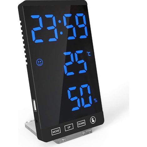 Reloj LED con espejo inteligente DollaTek, cargador de teléfono decorativo, despertador, reloj digital con 4 niveles de brillo y visualización de temperatura y clima - Carcasa negra y pantalla digital (1/5)
