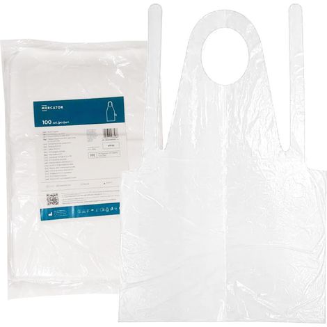 Wasserdichte, weiße Folienschürze 130 cm x 80 cm mit Bändern zum Binden (LDPE-Folie), 100 Stück (1/3)