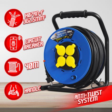 Enrouleur électrique 4 prises 40m H07RN-F 3G2.5mm² – Protection enfants IP44 – Disjoncteur thermique – Système anti-twist – I-Watts