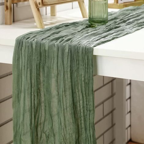 Nappe verte bohème en mousseline à tissage lâche 90 x 300 cm, idéale pour mariage, naissance, enterrement de vie de jeune fille. (1/5)