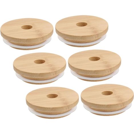Lot de 6 couvercles en bois avec trou pour paille, ouverture de 70 mm, compatibles avec les bocaux en verre (1/5)