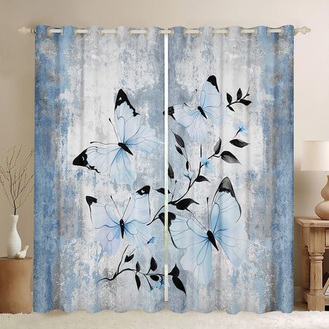 Rideau Occultant 117x183 cm Papillon Bleu,Rideau Papillons Animaux Volants Sauvages,Rideaux Voilage Peinture À l'huile Abstraite Aquarelle Ferme Rustique,Design Gris Bleu Ombre - 117L X 183H cm (2 Pan (1/5)