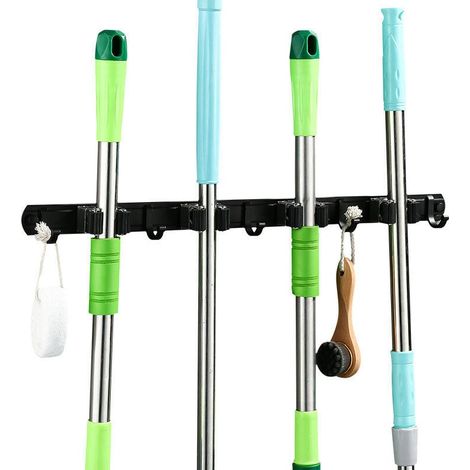 Porte Balai Mural Multifonctions,Support Cintre de Rangement avec 5 Emplacements et 6 Crochets pour Votre Cuisine,Garage,Buanderie -Tourne VIS Offert (1/2)