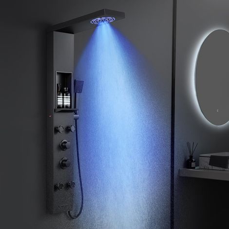 Panneau de douche avec robinet et étagère noir mat, colonne de douche 5 fonctions, douche à LED pluie et brouillard, 4 jets de massage réglables à grand angle, douchette à main et bec de (1/5)