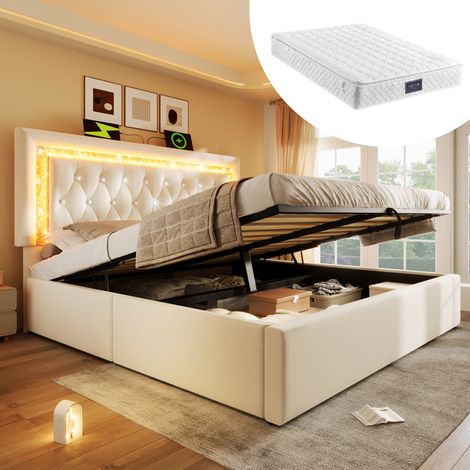 Letto matrimoniale imbottito 209x151x104 cm, con LED nel testaletto, ricarica USB e Type-C, vano contenitore, velluto beige (1/5)