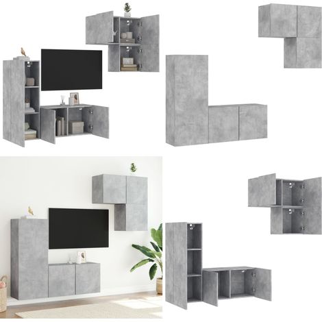 4-tlg. Wohnwand Betongrau Holzwerkstoff - TV-Schrank - Stauraum (1/5)