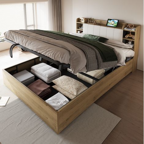 Bett 180x200 cm in Holzoptik aus MDF, hydraulisch mit Stauraum-Kopfteil und USB/Type-C (1/5)
