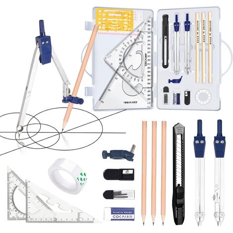 Kit Géométrie 14 Pièces, Ensemble de Géométrie avec Compas, Rapporteur, Équerres et Autres Accessoires, Basics Kit pour Mathématiques avec Trousse en Toile, pour Étudiants et Enseignants (1/5)
