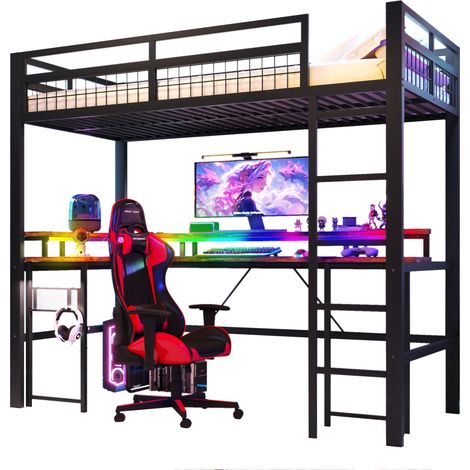 Letto A Soppalco 90 x 200 Cm Con Scrivania, LED Regolabile, USB, Tipo-C E 2 Prese, Senza Materasso, In Metallo, Nero (1/5)