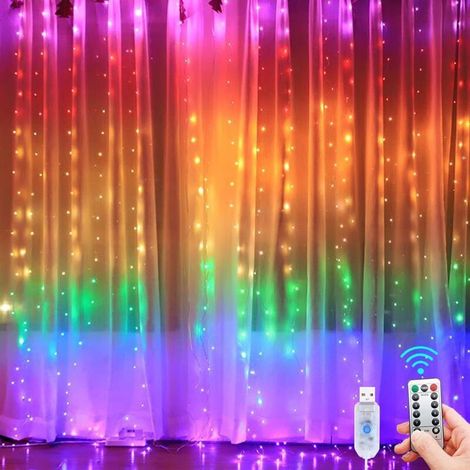 Guirlandes Lumineuses d'intérieur, 3 m × 3 m, 300 LEDs avec 8 Modes Télécommande luminosité réglable, Decoration de Ramadan, Chambre, Fenêtre, Noël (Multicolore) (1/5)