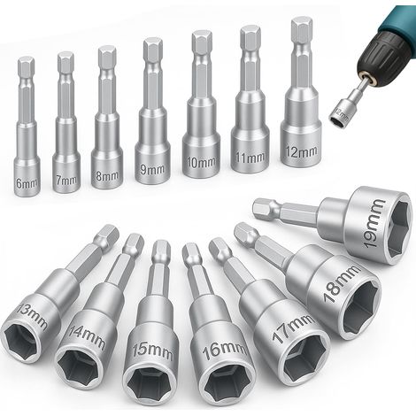14 Pièces - Douille Visseuse - Embout Magnétique - Acier Chrome Vanadium - Pour Perceuse Et Tournevis - Argent - 6mm-19mm