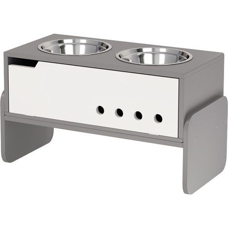 Höhenverstellbare Hundefuttermatte mit integrierter Aufbewahrung und rutschfestem Untergrund – 2 Edelstahl-Schüsseln à 2000 ml, ergonomisches Design, grau