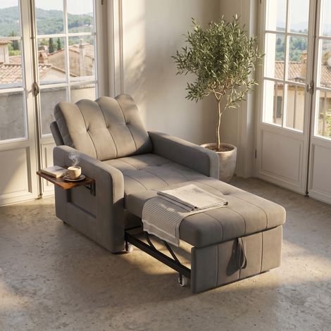 Schlafsessel 108x85x86 cm mit 5-fach verstellbarer Rückenlehne und Beistelltisch, platzsparend, Chenille-Stoff, Grau