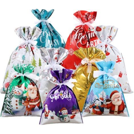 45 Pièces Sacs Cadeaux de Noël, Grand Emballage Cadeau Noel, Papier Cadeaux de Noël Reutilisable, Lot Sac Cadeau avec Des Liens de Ruban