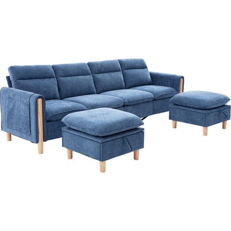 Sofá Panorámico en U de 4 Plazas, Modular con 2 Pufs de Almacenaje y Bolsillos Laterales, Chenilla Azul 261 x 77 x 86 cm (1/5)