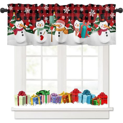 Rideau brise-bise décoratif de Noël - Rouge - Motif bonhomme de neige mignon à carreaux - Motif flocons de neige - Pour cuisine et fenêtre - 230 x 45 cm (l x H) (1/5)